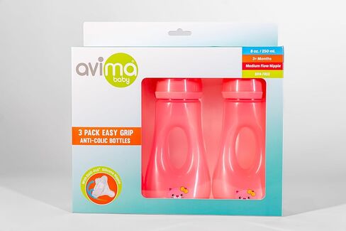 زجاجات الأطفال Avima Easy Grip المضادة للمغص، خالية من BPA، 8 أونصة. رقبة واسعة مع حلمات سيليكون متوسطة التدفق، باللون الوردي (عبوة من 3 قطع) in Kuwait