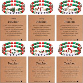 12 Pcs Teacher Christmas Bracelets Gifts for Women Clay Beaded Teacher Christmas Bracelets for Women Thank You Message Card for Xmas Holiday Gifts in Saudi Arabia