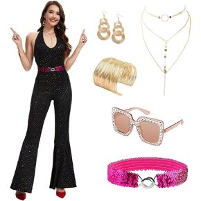 70s Disco Outfits Sequin Jumpsuit for Women, Disco Jumpsuit with Accessories Set for Halloween Cosplay Party ﻿ in Saudi Arabia