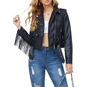 XULIKU Women Short Faux Leather Moto Jacket,Tassel Trim Lapel Zipper Up Pleather Coat Belted in Kuwait
