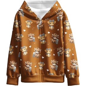 Girls Highland Cow Hoodies Cute Coat with Cow Print Zip-Up Outerwear Jacket for Kids 3-12Y in Saudi Arabia