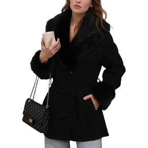 Women Faux Fur Trench Coat Winter Mid Length Fleece Lined Pea Coat Belted Jacket with Fur Collar in Saudi Arabia