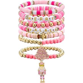 7 Pack Christmas Nutcracker Pink Bracelets Stackable Beaded Stretch Bracelets Jewelry for Girls Women Teens Christmas Birthday Gift in Saudi Arabia