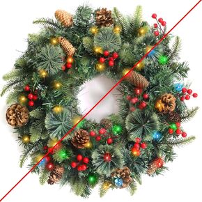 20 Inch Christmas Wreaths for Front Door, Prelit Christmas Wreath with Pinecones Berried Red Bow 50 Warm White & Colorful Lights 8 Modes Timer Norfolk Pine Wreath Xmas Wreath Decorations for Door Wall in Kuwait