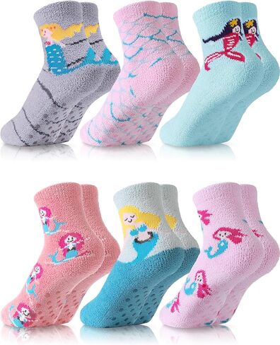 Geyoga 6 Pairs Girls Kids Toddler Fuzzy Socks with Grips Non Slip Cute Animal Slipper Crew Cabin Fluffy Cozy Winter Warm Sock in Saudi Arabia