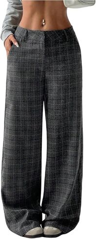 MakeMeChic Women's Plaid Wide Leg Pants Low Waist Business Trousers with Pockets in Saudi Arabia