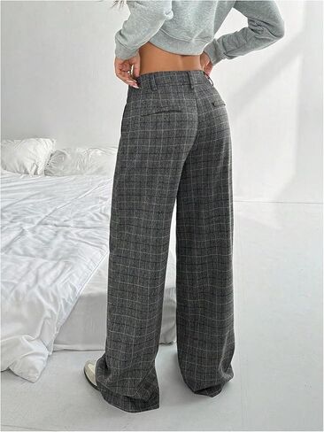 MakeMeChic Women's Plaid Wide Leg Pants Low Waist Business Trousers with Pockets in Saudi Arabia