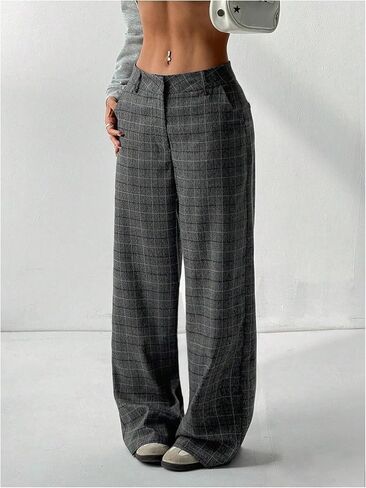 MakeMeChic Women's Plaid Wide Leg Pants Low Waist Business Trousers with Pockets in Saudi Arabia