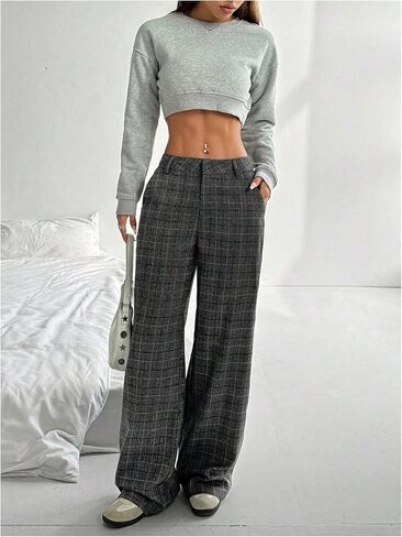 MakeMeChic Women's Plaid Wide Leg Pants Low Waist Business Trousers with Pockets in Saudi Arabia