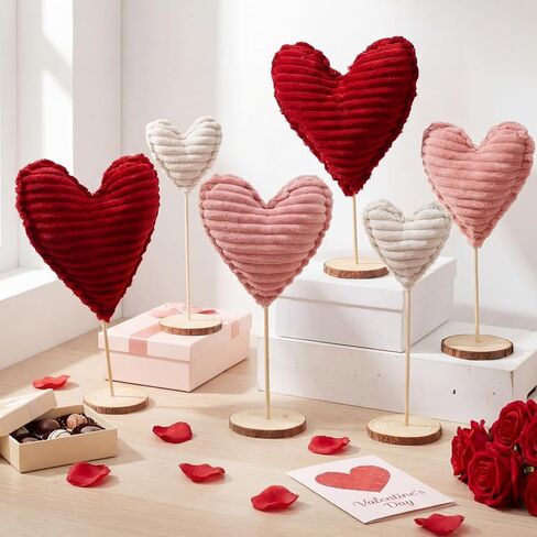 Suzile 6 Pcs Valentine's Day Heart Decorative Heart Table Centerpiece Decor Tall Heart Standing Wood Sign Farmhouse Felt Heart Ornaments for Home Bedroom Wedding Party Valentine's Day Decoration in Kuwait