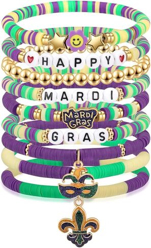 Mardi Gras Beaded Bracelets for Women Mask Fleur Fleur De Lis Purple Green Gold Heishi Stretch Bracelets Carnival Celebrations Party Jewelry in Saudi Arabia