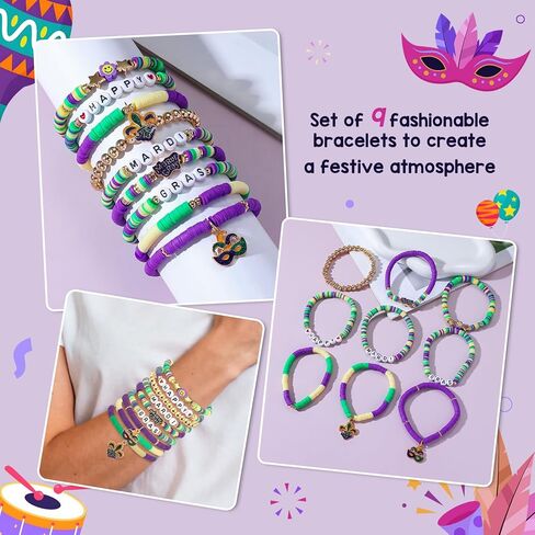 Mardi Gras Beaded Bracelets for Women Mask Fleur Fleur De Lis Purple Green Gold Heishi Stretch Bracelets Carnival Celebrations Party Jewelry in Saudi Arabia