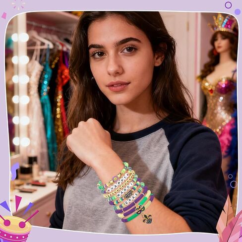 Mardi Gras Beaded Bracelets for Women Mask Fleur Fleur De Lis Purple Green Gold Heishi Stretch Bracelets Carnival Celebrations Party Jewelry in Saudi Arabia