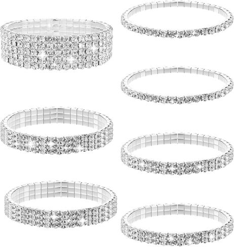 7 PCS Rhinestone Bracelet Set for Women, Silver Bling Bracelets Fake Diamond Cubic Zirconia Sparkly Bracelet for Bridal Wedding Party, Birthday Party, Sparkly Rhinestone Jewelry in Saudi Arabia