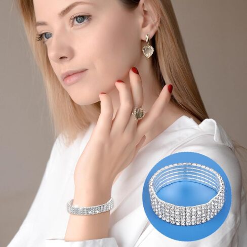 7 PCS Rhinestone Bracelet Set for Women, Silver Bling Bracelets Fake Diamond Cubic Zirconia Sparkly Bracelet for Bridal Wedding Party, Birthday Party, Sparkly Rhinestone Jewelry in Saudi Arabia