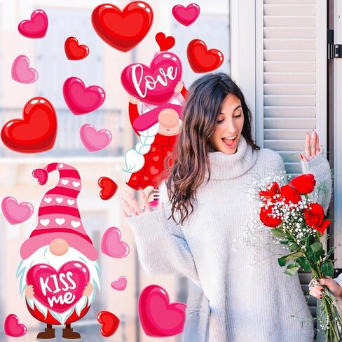Whaline Extra Large Valentine' s Day Window Clings Window Decal Red Pink Heart Love Gnome Reusable Anti-Collision Windows Decor for Wedding Anniversary Home Party Supplies, 4 Sheets in Saudi Arabia