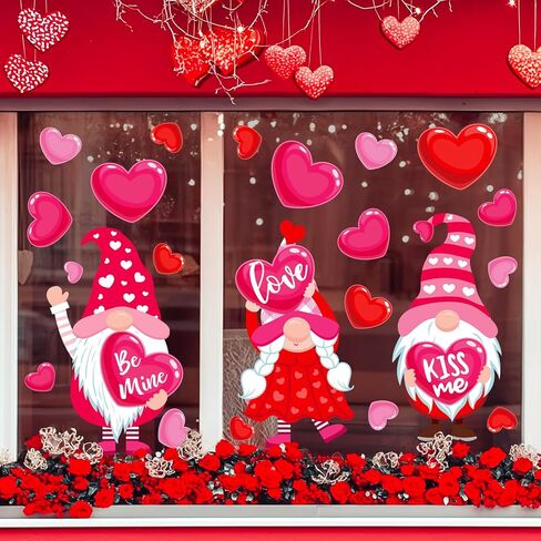 Whaline Extra Large Valentine' s Day Window Clings Window Decal Red Pink Heart Love Gnome Reusable Anti-Collision Windows Decor for Wedding Anniversary Home Party Supplies, 4 Sheets in Saudi Arabia