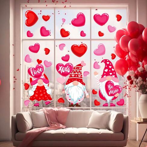 Whaline Extra Large Valentine' s Day Window Clings Window Decal Red Pink Heart Love Gnome Reusable Anti-Collision Windows Decor for Wedding Anniversary Home Party Supplies, 4 Sheets in Saudi Arabia