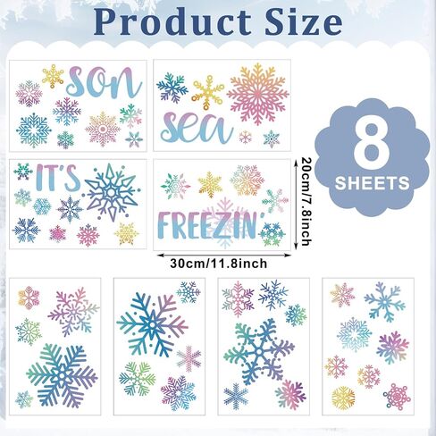 Gueevin 8 Sheets Winter Snowflake Window Clings Pastel Christmas Window Clings Iridescent Winter Decals with Static Cling Stickers for Seasonal Home Fridge Holiday Party Decorations in Saudi Arabia