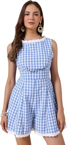 Allegra K Sleeveless Gingham Romper for Women's Checks Lace Trim Smocked Waist Short Jumpsuits in Saudi Arabia