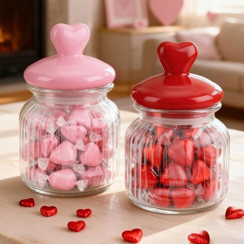 Valentine’s Day Decorations, 2 PCS Glass Valentines Candy Jar with Heart-Shaped Ceramic Lids, Decorative Heart Containers for Candy & Cookies, Valentines Table Decor for Home & Office in Saudi Arabia