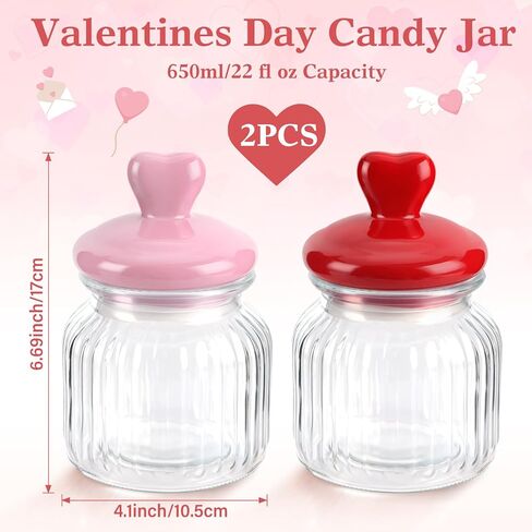 Valentine’s Day Decorations, 2 PCS Glass Valentines Candy Jar with Heart-Shaped Ceramic Lids, Decorative Heart Containers for Candy & Cookies, Valentines Table Decor for Home & Office in Saudi Arabia