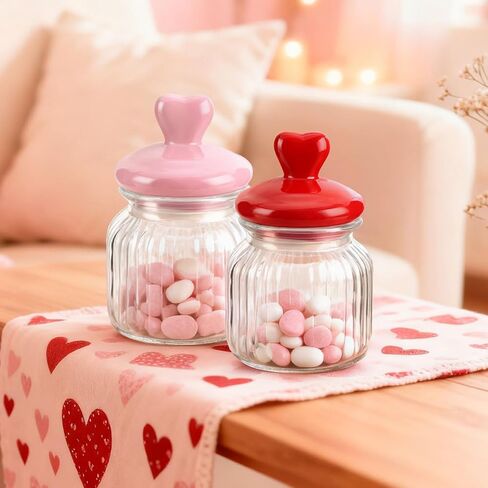 Valentine’s Day Decorations, 2 PCS Glass Valentines Candy Jar with Heart-Shaped Ceramic Lids, Decorative Heart Containers for Candy & Cookies, Valentines Table Decor for Home & Office in Saudi Arabia