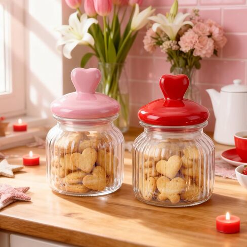 Valentine’s Day Decorations, 2 PCS Glass Valentines Candy Jar with Heart-Shaped Ceramic Lids, Decorative Heart Containers for Candy & Cookies, Valentines Table Decor for Home & Office in Saudi Arabia