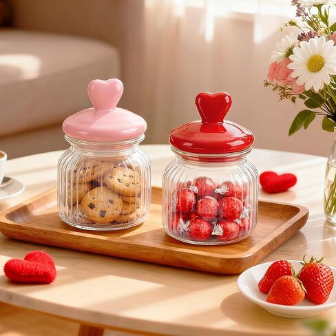 Valentine’s Day Decorations, 2 PCS Glass Valentines Candy Jar with Heart-Shaped Ceramic Lids, Decorative Heart Containers for Candy & Cookies, Valentines Table Decor for Home & Office in Saudi Arabia
