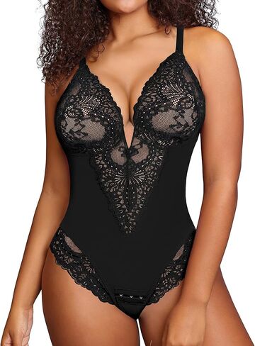 Popilush Shapewear Bodysuit for Women Lace Corset Tops for Large Bust Tummy Control Low Back V Neck Thong Bodysuits in Saudi Arabia