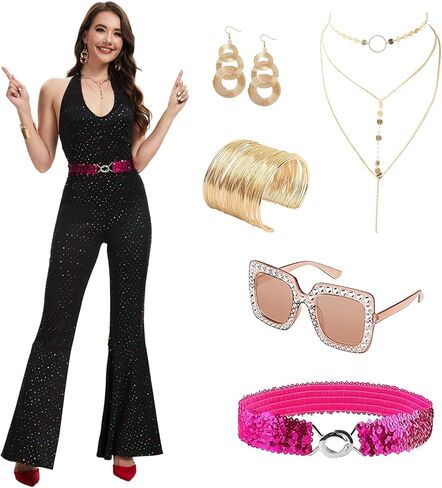 70s Disco Outfits Sequin Jumpsuit for Women, Disco Jumpsuit with Accessories Set for Halloween Cosplay Party ﻿ in Saudi Arabia