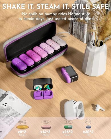 Weekly Pill Organizer 2 Times a Day, 7 Day Travel Medicine Pill Organizer with Moisture-Proof Silicone Lid, AM PM Daily Pill Bottle for Vitamins & Supplements, Pocket-Size Pill Case(Purple) in Saudi Arabia