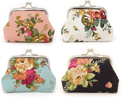 4PCS Canvas Floral Rose Flower Coin Purse Kiss Lock Change Purse Small Women Wallet Clutch Purse Vintage Trinkets Pouch in Saudi Arabia
