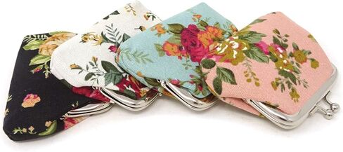 4PCS Canvas Floral Rose Flower Coin Purse Kiss Lock Change Purse Small Women Wallet Clutch Purse Vintage Trinkets Pouch in Saudi Arabia