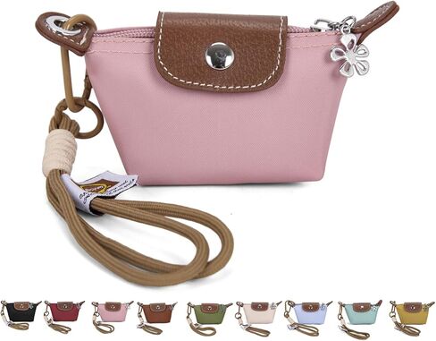 Fashion Mini Coin Purse for Women, Nylon Change Purse Zipper Wallet with Keychain for Cards, Cash, and Coins (Pink) in Kuwait