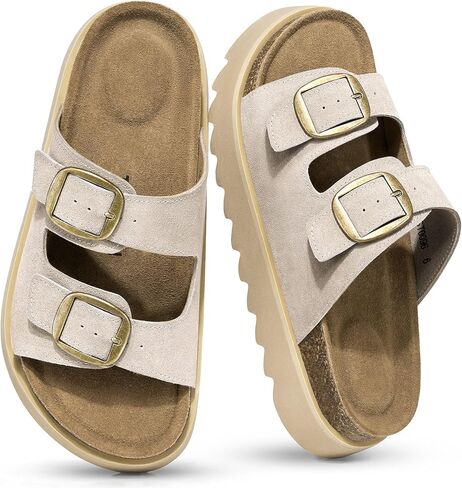 TEMOFON Women's Platform Summer Sandals: Genuine Leather Sandals Slip on Slides Cork Footbed with Arch Support & Comfort Foam in Saudi Arabia
