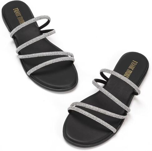 Womens Slide Sandals Open Toe Rhinestone Straps Slip On Beach Slide Casual Dressy Flats Sandal for Women Summer in Saudi Arabia