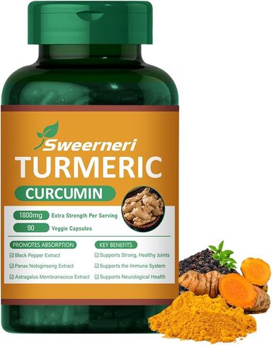 الكركم الكركم 1800 مجم مع 95% من الكركمينويد والفلفل الأسود - تركيبة عالية الامتصاص للمفاصل والالتهابات ودعم المناعة - قوة إضافية، نباتي، غير معدل وراثيًا - 90 كبسولة in Kuwait