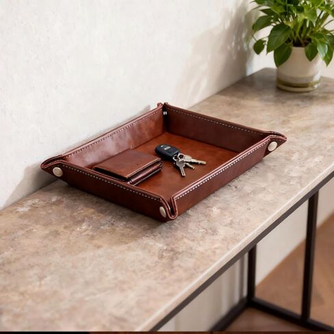 Leather Valet Tray Organizer, Catchall Tray, Desktop Storage for Keys, Coins, Wallet, Phone, Jewelry | Multi-Use Entryway Table, Desk & Nightstand Storage for Men & Women (Maroon) in Kuwait