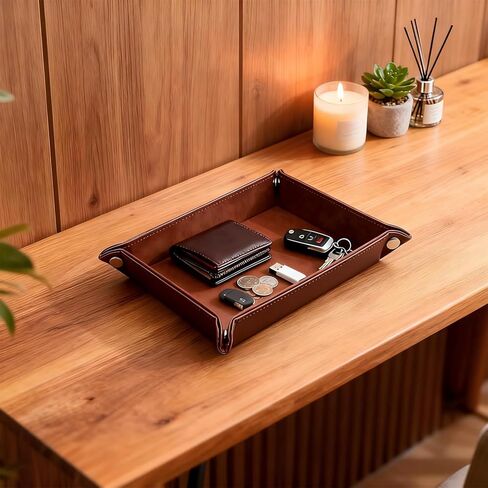Leather Valet Tray Organizer, Catchall Tray, Desktop Storage for Keys, Coins, Wallet, Phone, Jewelry | Multi-Use Entryway Table, Desk & Nightstand Storage for Men & Women (Maroon) in Kuwait