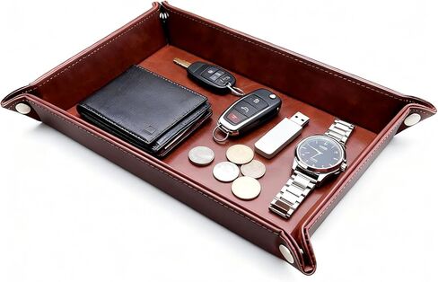 Leather Valet Tray Organizer, Catchall Tray, Desktop Storage for Keys, Coins, Wallet, Phone, Jewelry | Multi-Use Entryway Table, Desk & Nightstand Storage for Men & Women (Maroon) in Kuwait