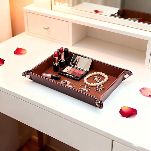 Leather Valet Tray Organizer, Catchall Tray, Desktop Storage for Keys, Coins, Wallet, Phone, Jewelry | Multi-Use Entryway Table, Desk & Nightstand Storage for Men & Women (Maroon) in Kuwait