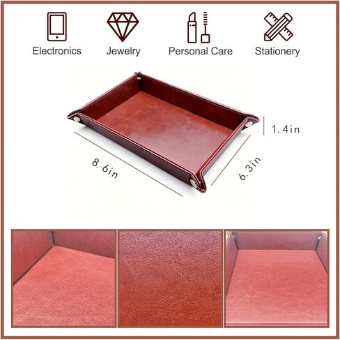 Leather Valet Tray Organizer, Catchall Tray, Desktop Storage for Keys, Coins, Wallet, Phone, Jewelry | Multi-Use Entryway Table, Desk & Nightstand Storage for Men & Women (Maroon) in Kuwait
