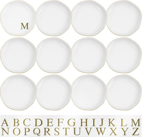 Shappy 12 Pcs Initial Ceramic Jewelry Tray with 26pcs Gold Copper Personalized Monogram, 4.5 Inch Decorative Trinket Dish Plate Bulk for Ring Earring Necklace for Women Wedding Birthday Gift in Saudi Arabia