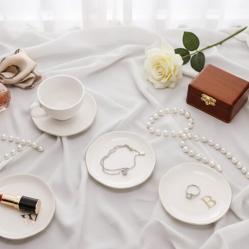 Shappy 12 Pcs Initial Ceramic Jewelry Tray with 26pcs Gold Copper Personalized Monogram, 4.5 Inch Decorative Trinket Dish Plate Bulk for Ring Earring Necklace for Women Wedding Birthday Gift in Saudi Arabia