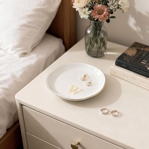 Shappy 12 Pcs Initial Ceramic Jewelry Tray with 26pcs Gold Copper Personalized Monogram, 4.5 Inch Decorative Trinket Dish Plate Bulk for Ring Earring Necklace for Women Wedding Birthday Gift in Saudi Arabia