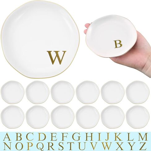 Shappy 12 Pcs Initial Ceramic Jewelry Tray with 26pcs Gold Copper Personalized Monogram, 4.5 Inch Decorative Trinket Dish Plate Bulk for Ring Earring Necklace for Women Wedding Birthday Gift in Saudi Arabia