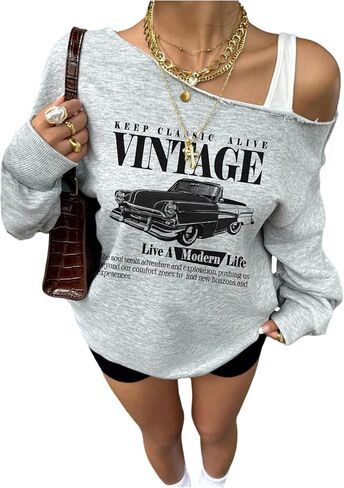 Women's Graphic Letter Sweatshirts Off The Shoulder Trendy Long Sleeve Y2K Pullover Vintage Car Print Tops in Saudi Arabia