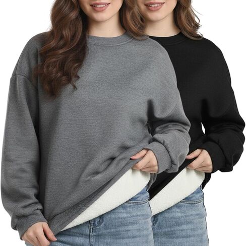 2 Pack Women's Sherpa Lined Sweatshirts Crewneck Fleece Pullover Long Sleeve Tops Winter Soft Sweatshirts no hood in Saudi Arabia