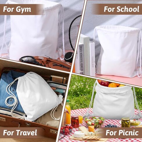 KALIONE Cotton Drawstring Bags, 1Pack Cotton Canvas Drawstring Backpack Bag, Cinch Sport Gym Sack for Women Men, White in Saudi Arabia
